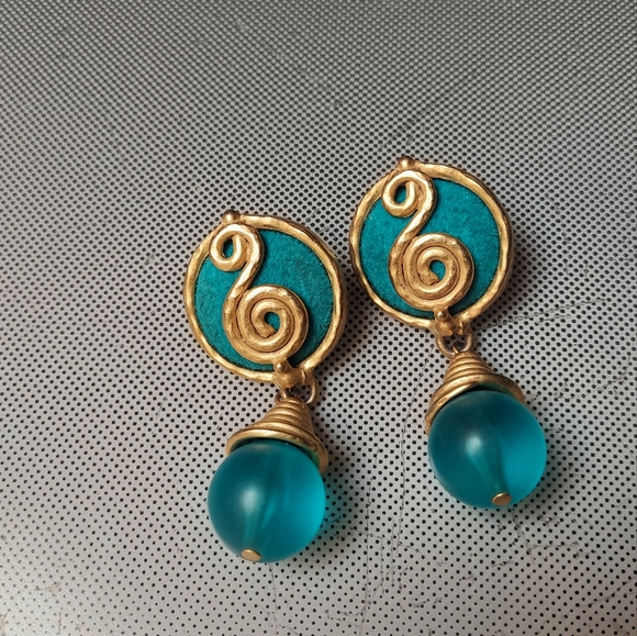 Blue Ocean waves dangle pierced earrings - Picture 1 of 3